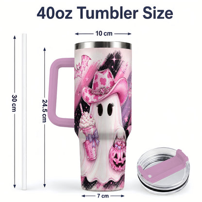 #pl[40oz|Pink] Cowgirl Ghost Pink Bat 40oz Tumbler, Stainless Steel Halloween Drinkware