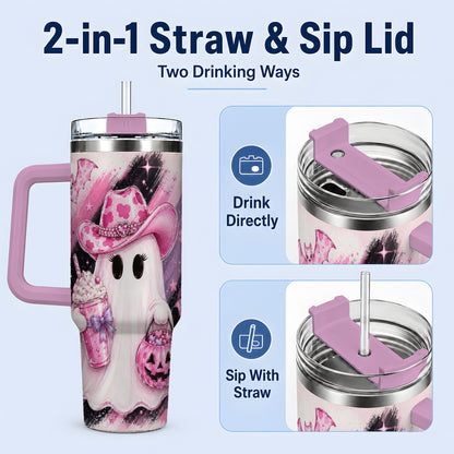 #pl[40oz|Pink] Cowgirl Ghost Pink Bat 40oz Tumbler, Stainless Steel Halloween Drinkware