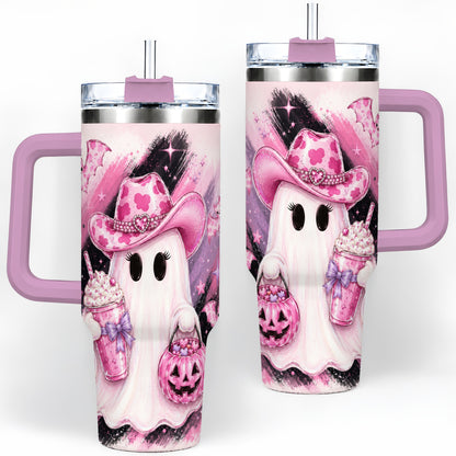 #pl[40oz|Pink] Cowgirl Ghost Pink Bat 40oz Tumbler, Stainless Steel Halloween Drinkware