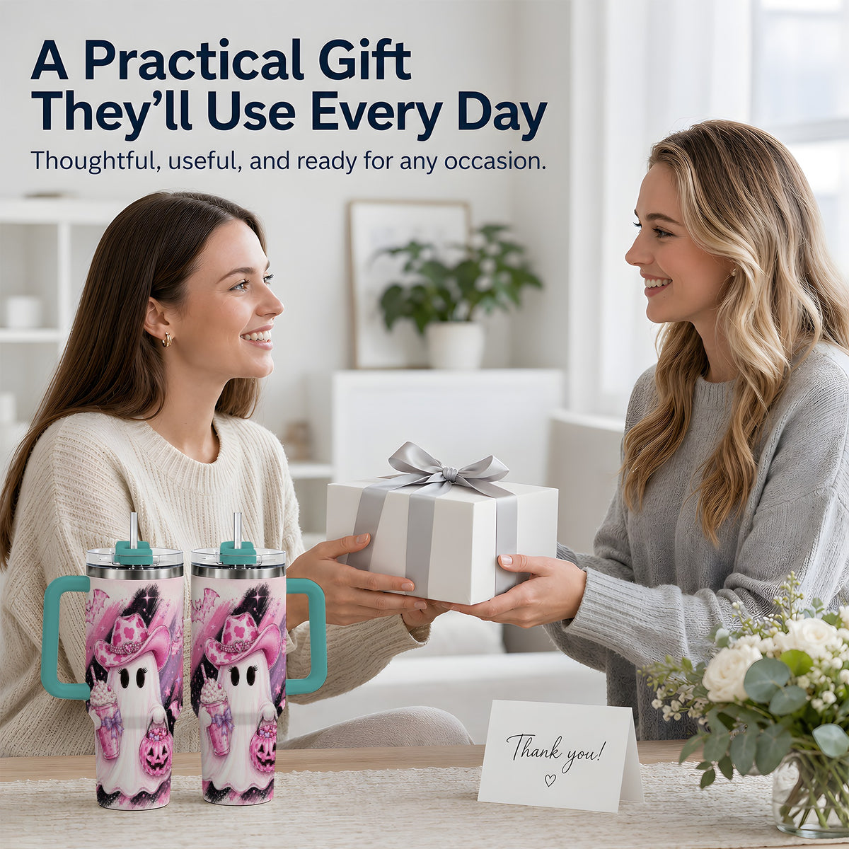 #pl[40oz|Green] Cowgirl Ghost Pink Bat 40oz Tumbler, Stainless Steel Halloween Drinkware