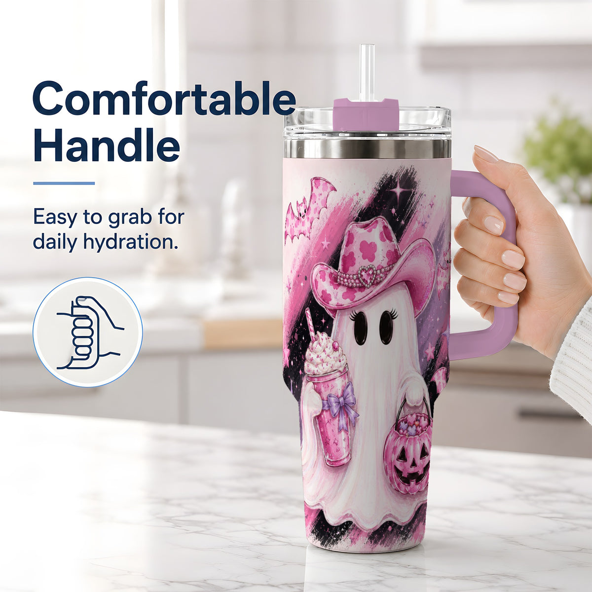 #pl[40oz|Pink] Cowgirl Ghost Pink Bat 40oz Tumbler, Stainless Steel Halloween Drinkware