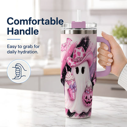 #pl[40oz|Pink] Cowgirl Ghost Pink Bat 40oz Tumbler, Stainless Steel Halloween Drinkware
