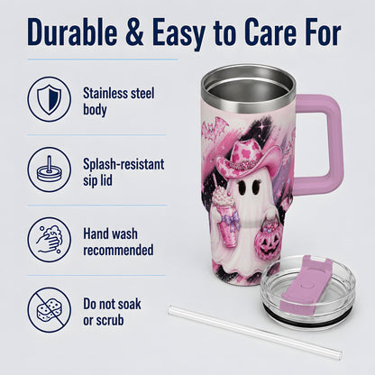 #pl[40oz|Pink] Cowgirl Ghost Pink Bat 40oz Tumbler, Stainless Steel Halloween Drinkware
