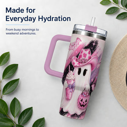 #pl[40oz|Pink] Cowgirl Ghost Pink Bat 40oz Tumbler, Stainless Steel Halloween Drinkware