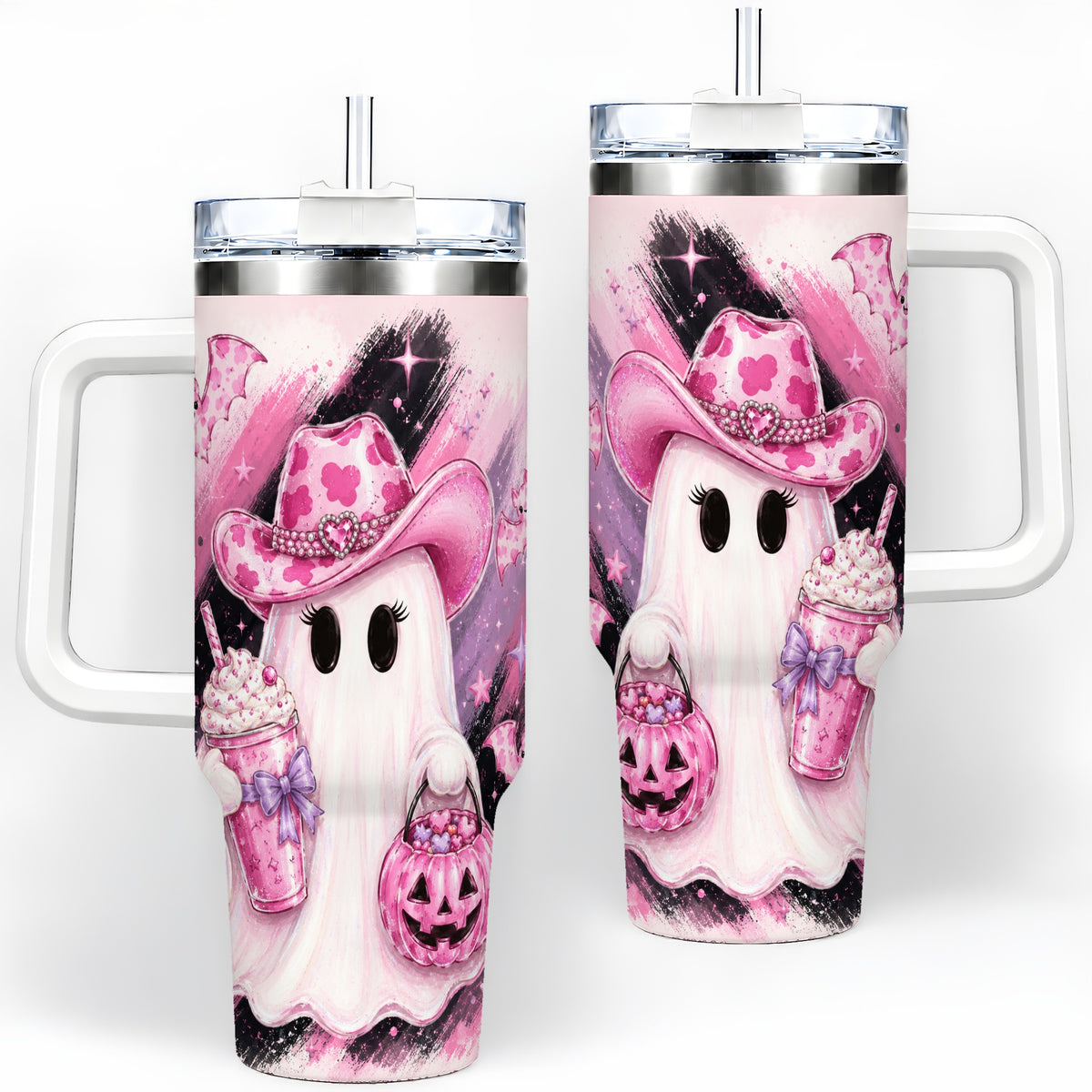 Cowgirl Ghost Pink Bat 40oz Tumbler, Stainless Steel Halloween Drinkware
