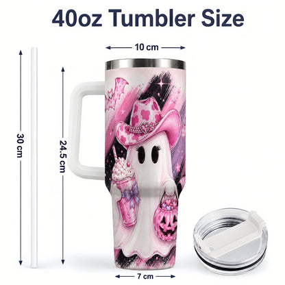 #pl[40oz|White] Cowgirl Ghost Pink Bat 40oz Tumbler, Stainless Steel Halloween Drinkware