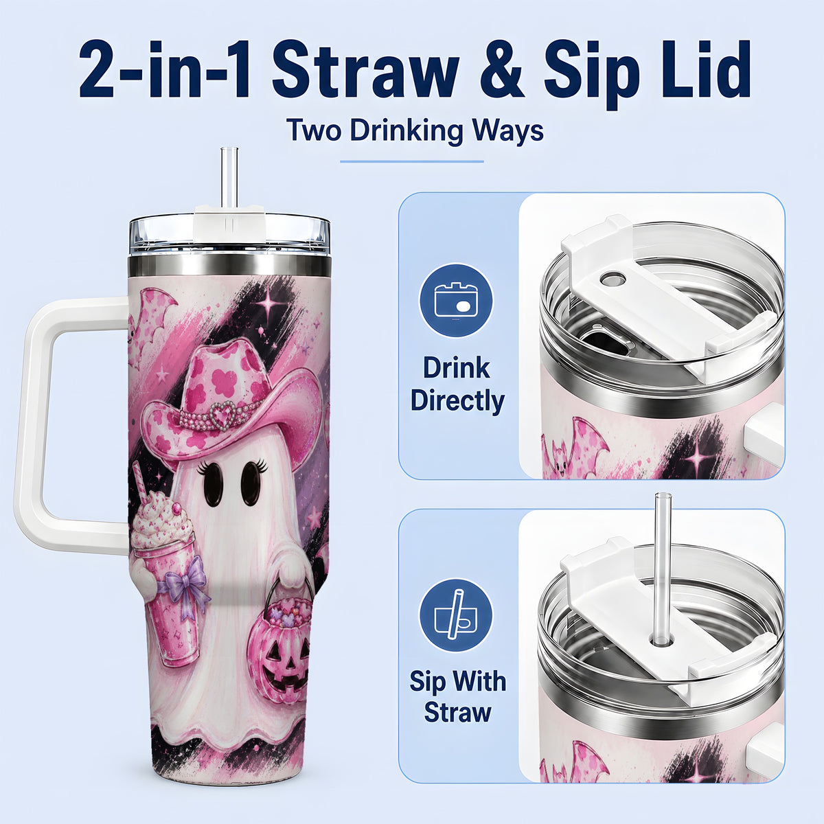 #pl[40oz|White] Cowgirl Ghost Pink Bat 40oz Tumbler, Stainless Steel Halloween Drinkware