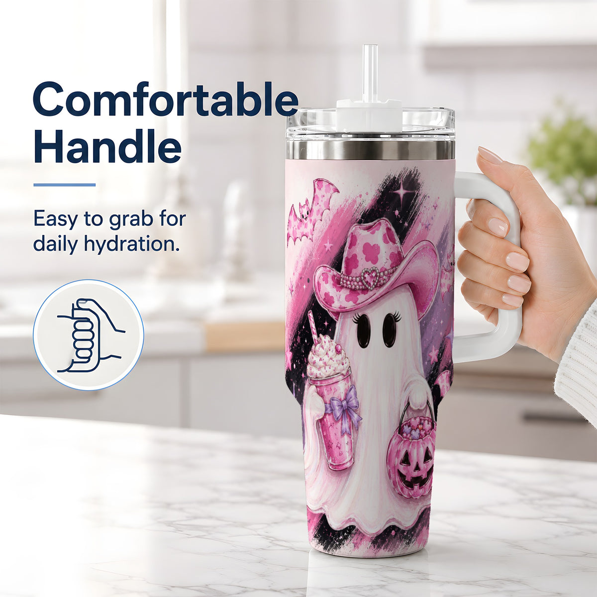 #pl[40oz|White] Cowgirl Ghost Pink Bat 40oz Tumbler, Stainless Steel Halloween Drinkware