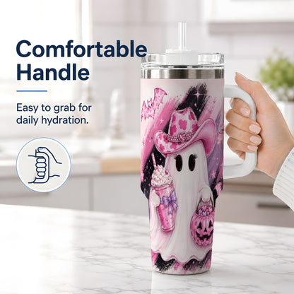#pl[40oz|White] Cowgirl Ghost Pink Bat 40oz Tumbler, Stainless Steel Halloween Drinkware
