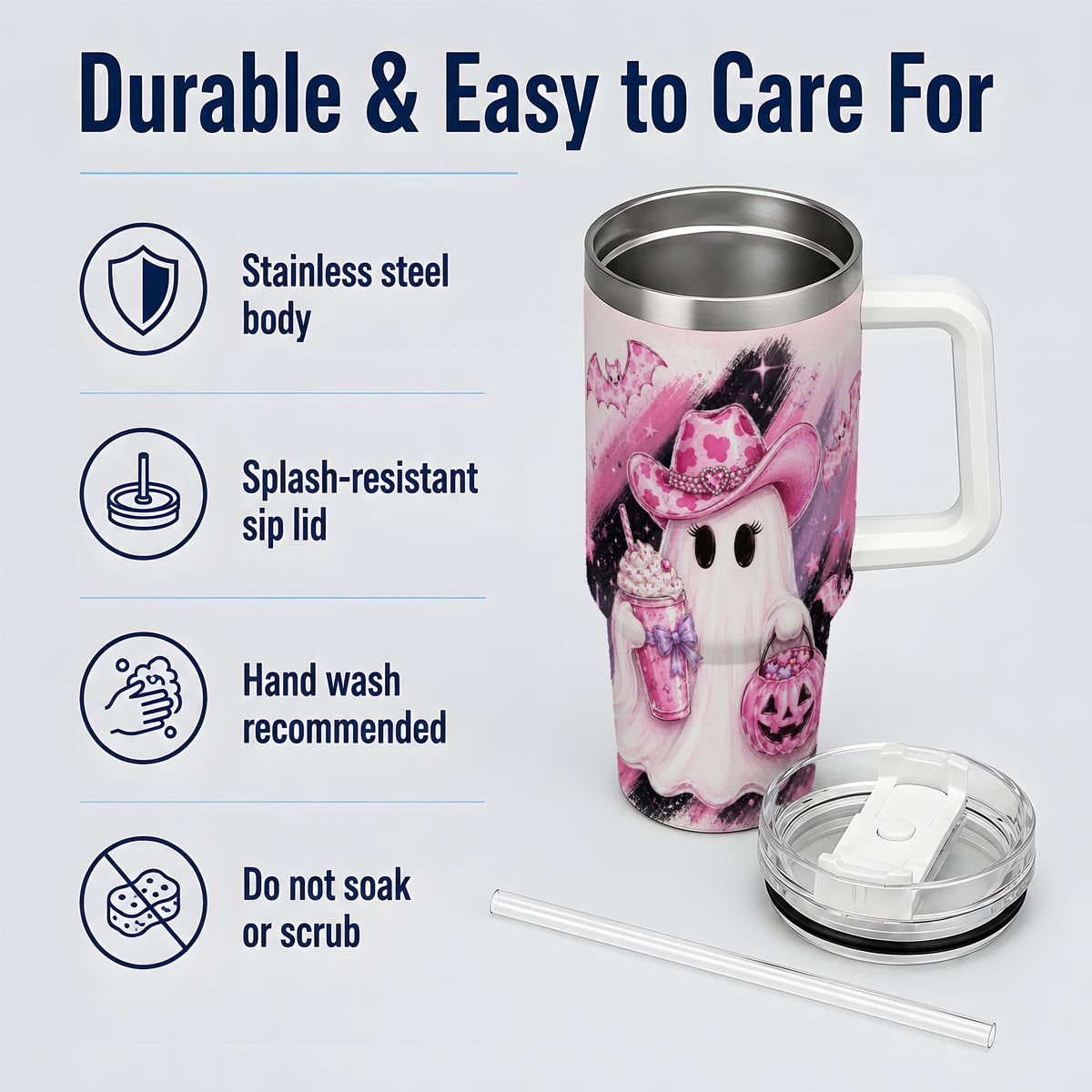#pl[40oz|White] Cowgirl Ghost Pink Bat 40oz Tumbler, Stainless Steel Halloween Drinkware