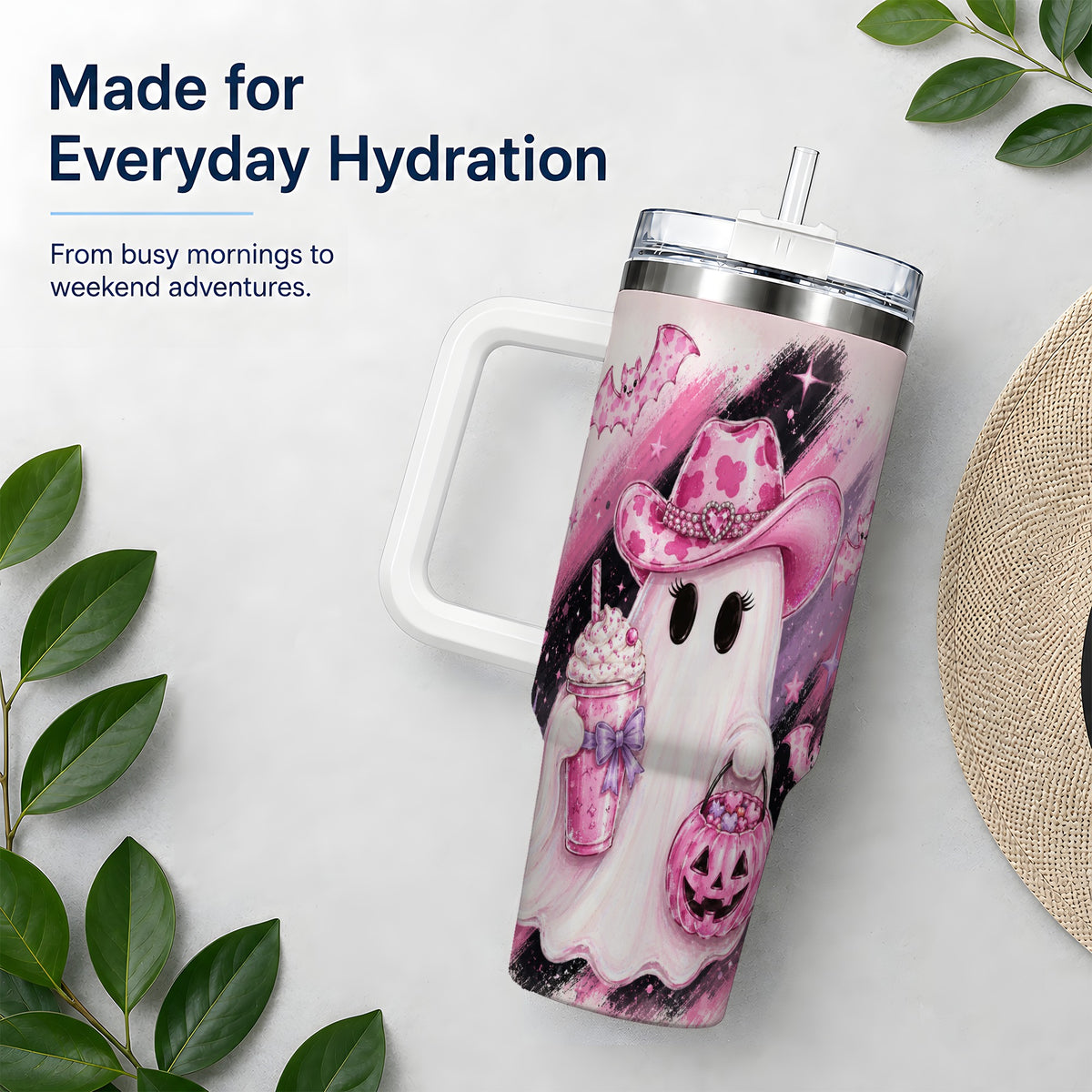 #pl[40oz|White] Cowgirl Ghost Pink Bat 40oz Tumbler, Stainless Steel Halloween Drinkware