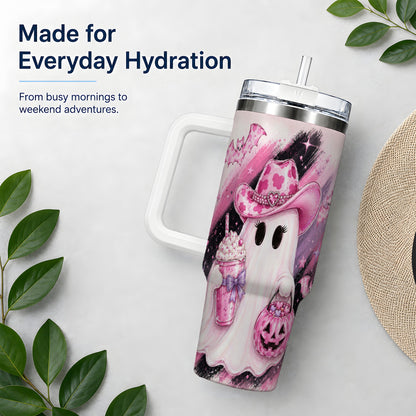 #pl[40oz|White] Cowgirl Ghost Pink Bat 40oz Tumbler, Stainless Steel Halloween Drinkware