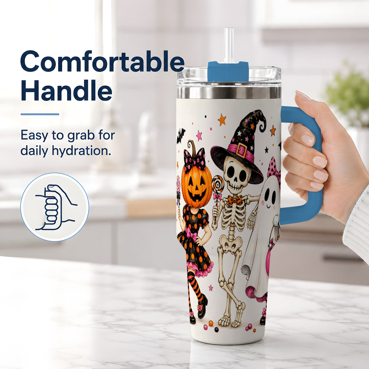#pl[40oz|Blue] Skeleton Pumpkin Ghost 40oz Tumbler, Stainless Steel Halloween Drinkware
