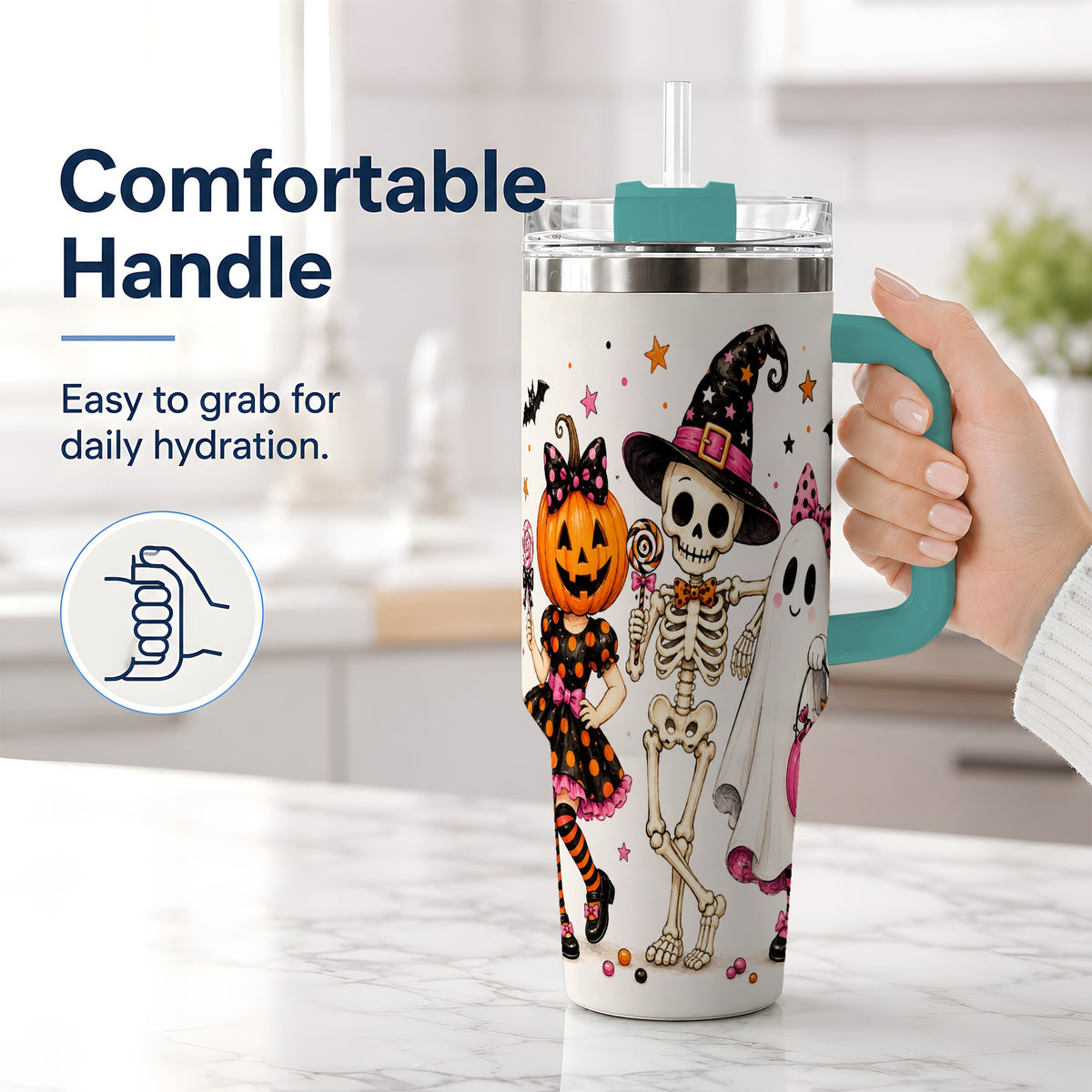 #pl[40oz|Green] Skeleton Pumpkin Ghost 40oz Tumbler, Stainless Steel Halloween Drinkware