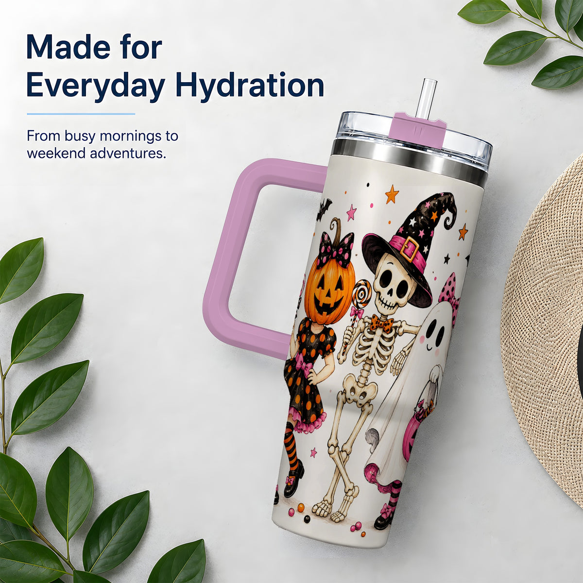 #pl[40oz|Pink] Skeleton Pumpkin Ghost 40oz Tumbler, Stainless Steel Halloween Drinkware