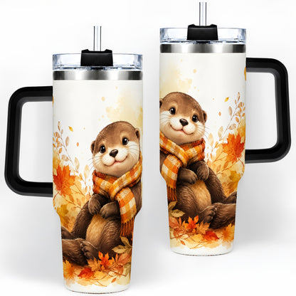 #pl[40oz|Black] Autumn Otter 40oz Tumbler, Fall Leaves Scarf Artwork for Otter Lovers