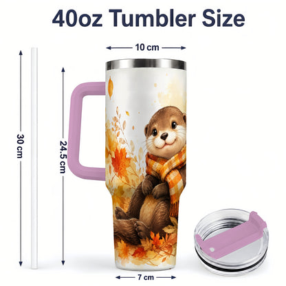 #pl[40oz|Pink] Autumn Otter 40oz Tumbler, Fall Leaves Scarf Artwork for Otter Lovers