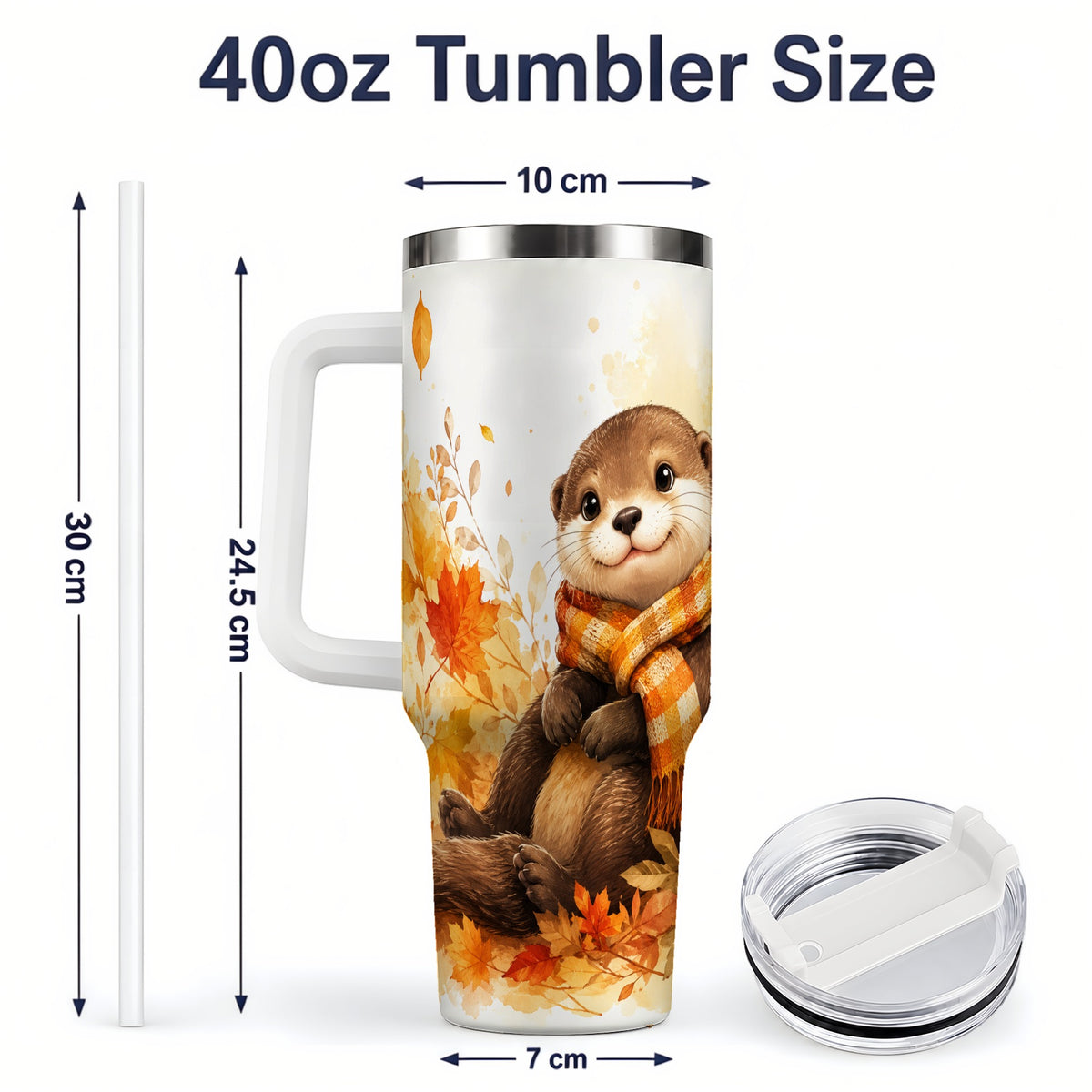 #pl[40oz|White] Autumn Otter 40oz Tumbler, Fall Leaves Scarf Artwork for Otter Lovers