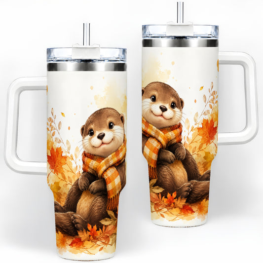Autumn Otter 40oz Tumbler, Fall Leaves Scarf Artwork for Otter Lovers