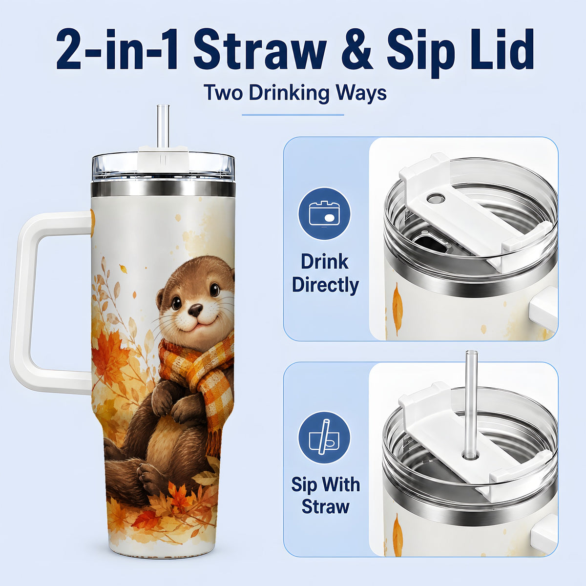#pl[40oz|White] Autumn Otter 40oz Tumbler, Fall Leaves Scarf Artwork for Otter Lovers