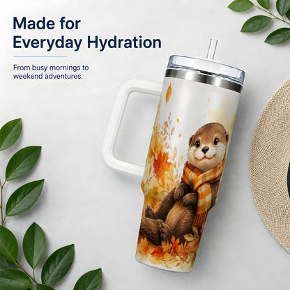#pl[40oz|White] Autumn Otter 40oz Tumbler, Fall Leaves Scarf Artwork for Otter Lovers