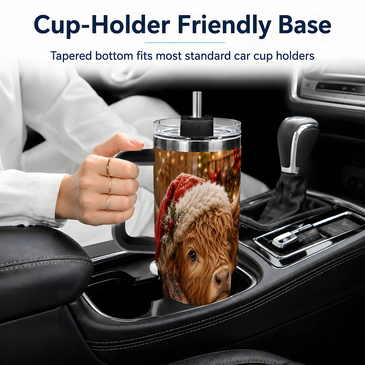 #pl[40oz|Black] Christmas Highland Cow 40oz Tumbler, Santa Hat and Scarf Holiday Art