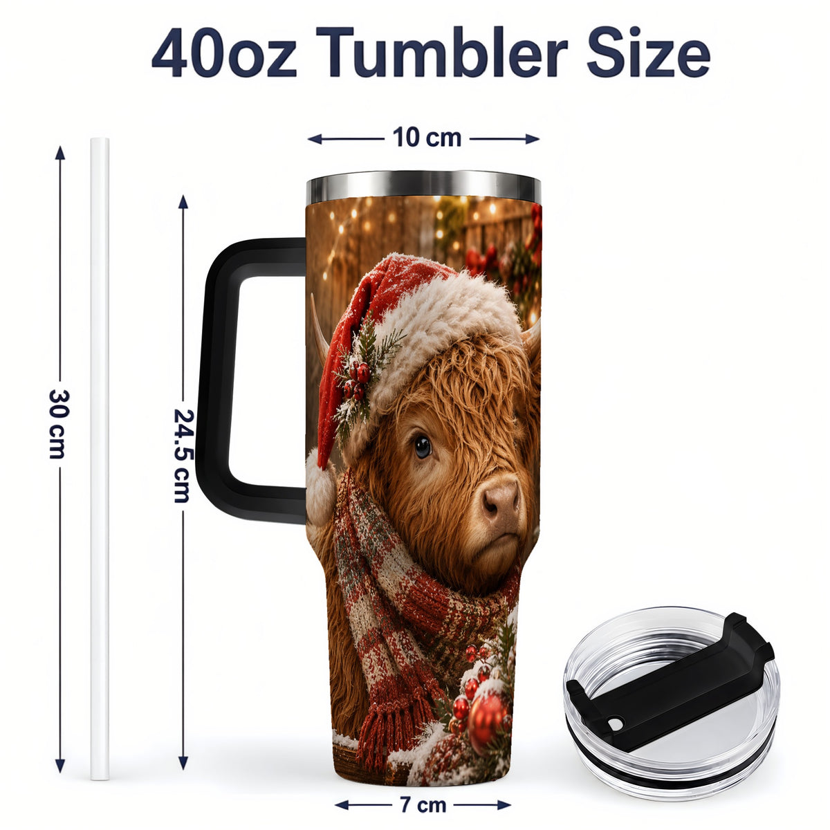 #pl[40oz|Black] Christmas Highland Cow 40oz Tumbler, Santa Hat and Scarf Holiday Art