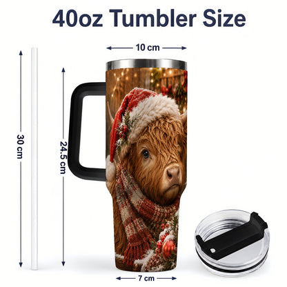 #pl[40oz|Black] Christmas Highland Cow 40oz Tumbler, Santa Hat and Scarf Holiday Art