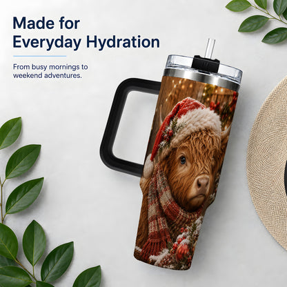 #pl[40oz|Black] Christmas Highland Cow 40oz Tumbler, Santa Hat and Scarf Holiday Art