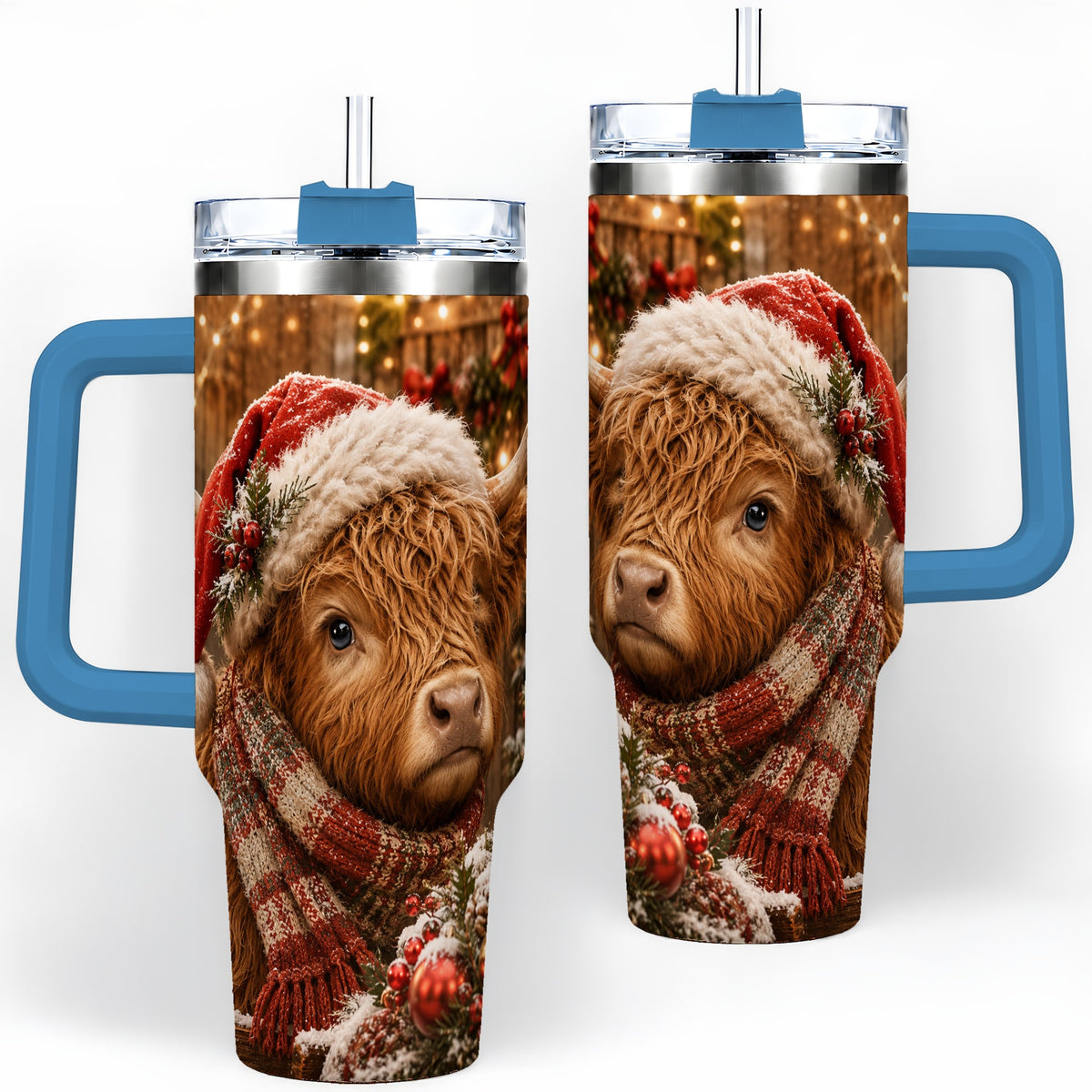 #pl[40oz|Blue] Christmas Highland Cow 40oz Tumbler, Santa Hat and Scarf Holiday Art