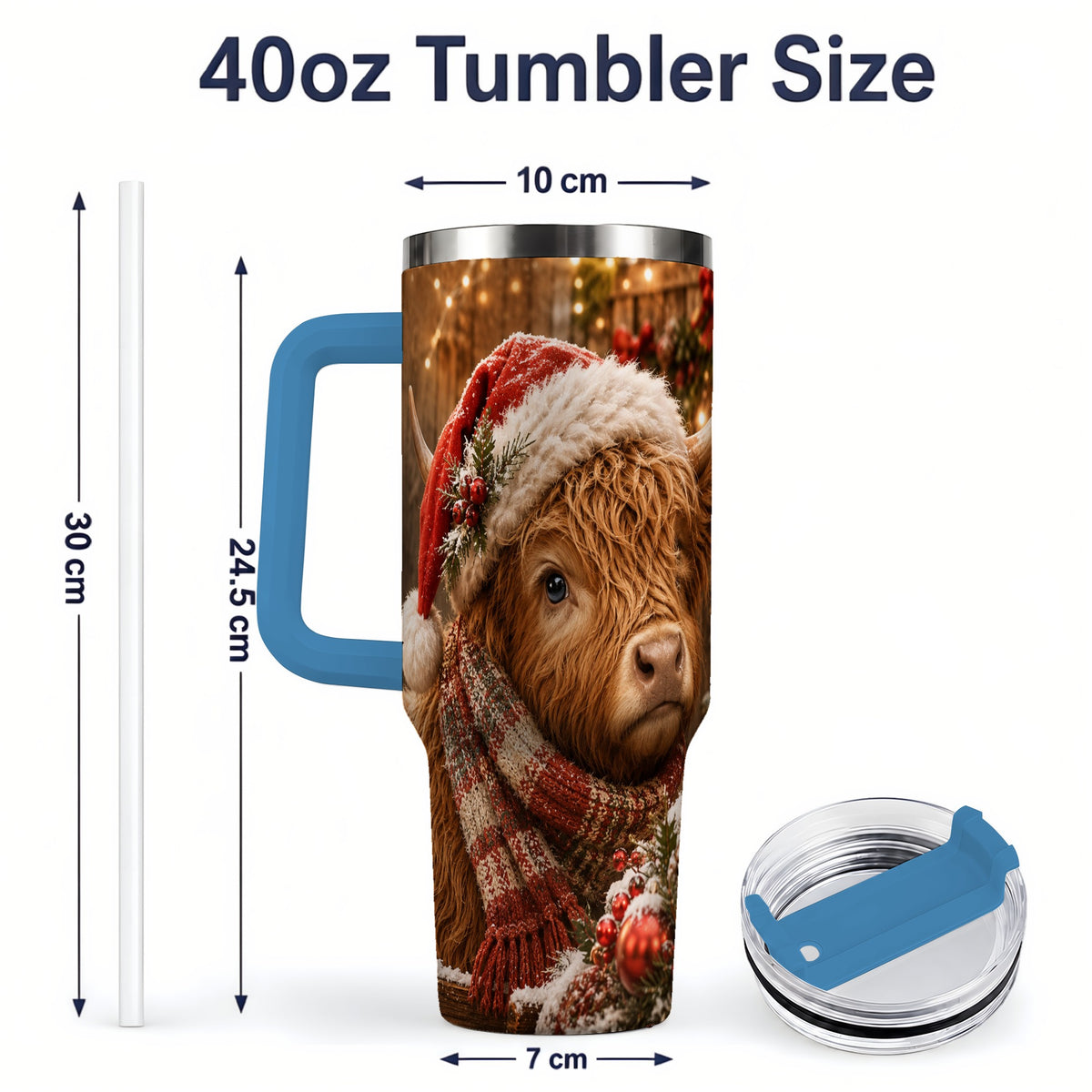 #pl[40oz|Blue] Christmas Highland Cow 40oz Tumbler, Santa Hat and Scarf Holiday Art