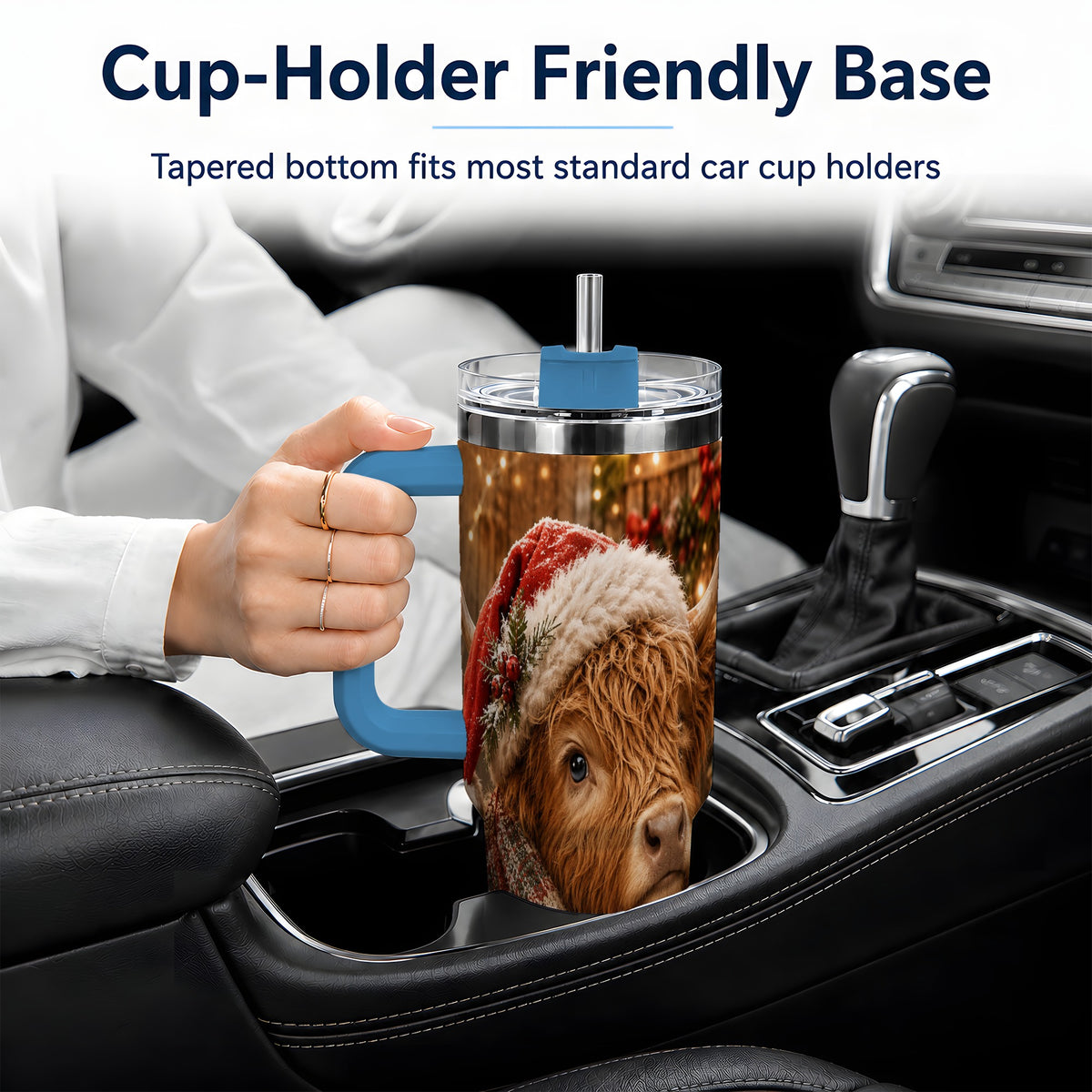 #pl[40oz|Blue] Christmas Highland Cow 40oz Tumbler, Santa Hat and Scarf Holiday Art