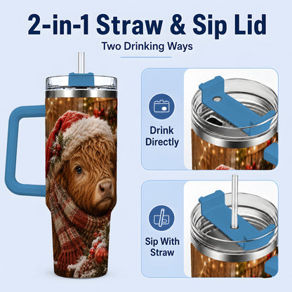 #pl[40oz|Blue] Christmas Highland Cow 40oz Tumbler, Santa Hat and Scarf Holiday Art
