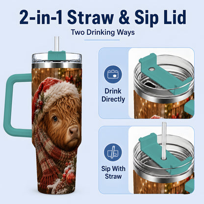 #pl[40oz|Green] Christmas Highland Cow 40oz Tumbler, Santa Hat and Scarf Holiday Art