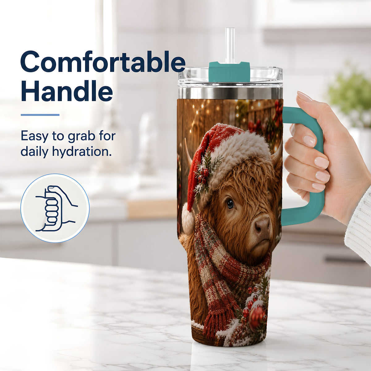 #pl[40oz|Green] Christmas Highland Cow 40oz Tumbler, Santa Hat and Scarf Holiday Art