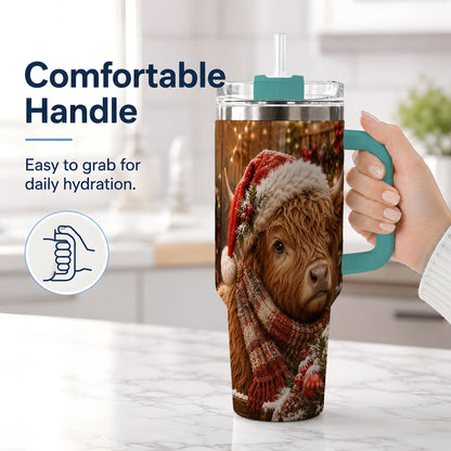 #pl[40oz|Green] Christmas Highland Cow 40oz Tumbler, Santa Hat and Scarf Holiday Art