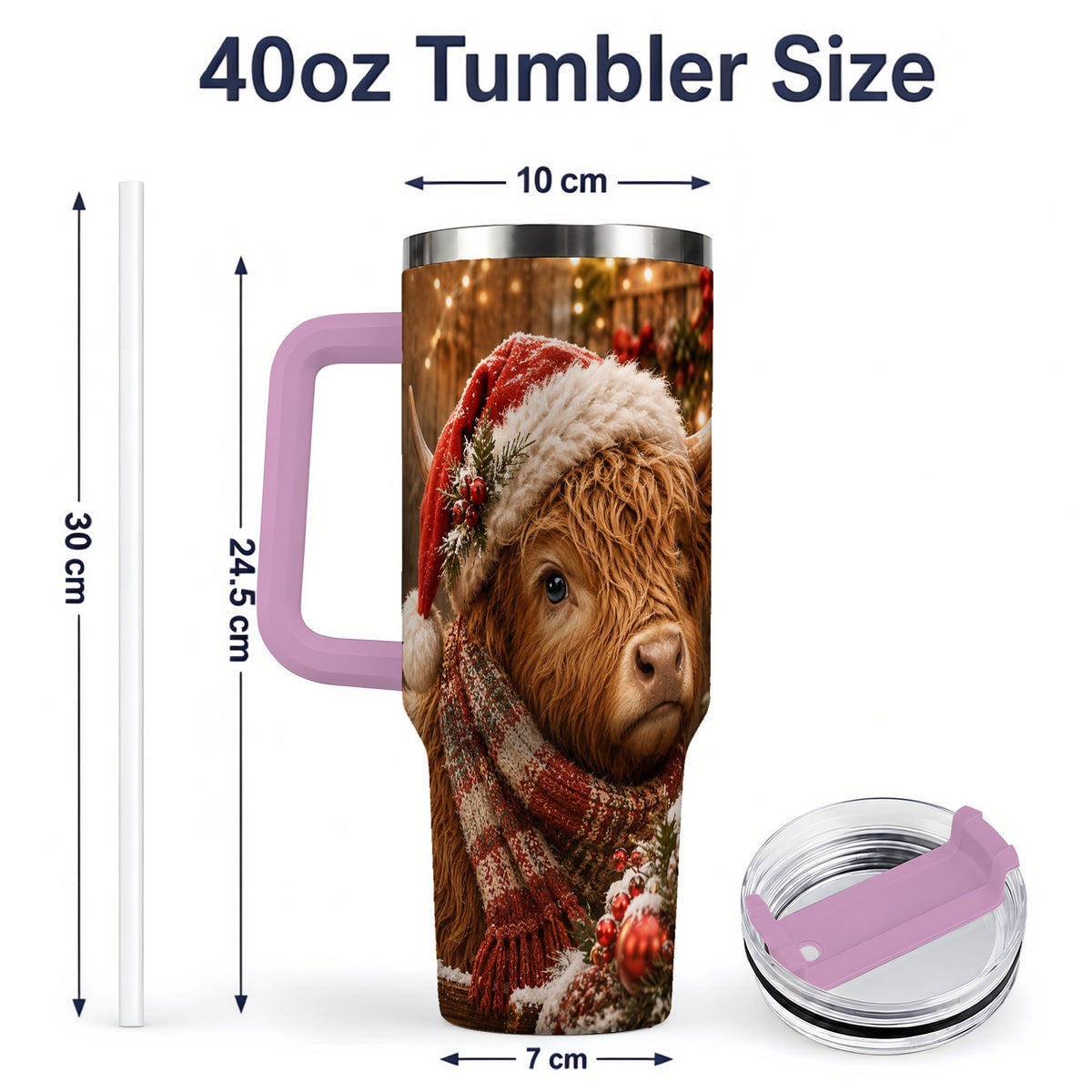 #pl[40oz|Pink] Christmas Highland Cow 40oz Tumbler, Santa Hat and Scarf Holiday Art