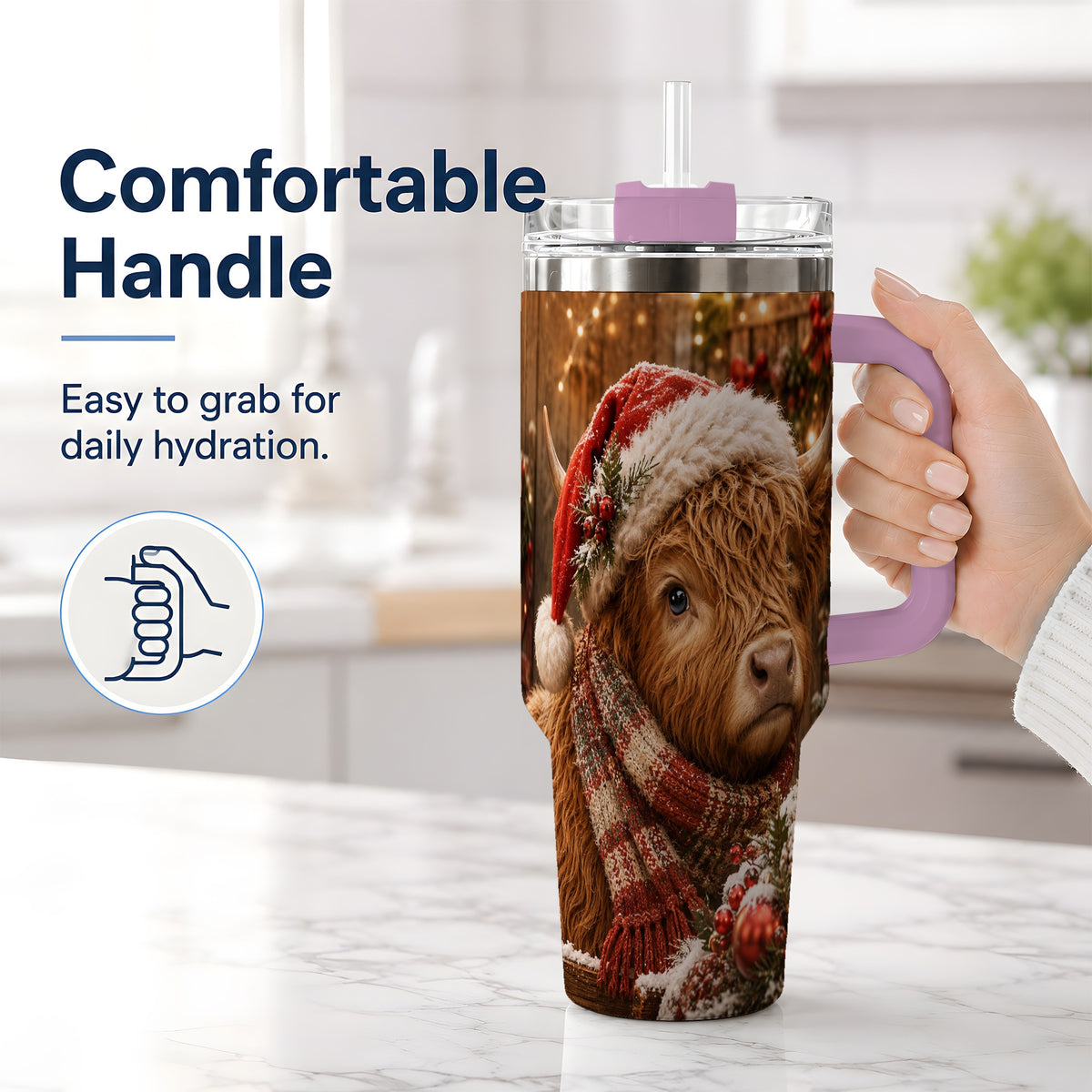#pl[40oz|Pink] Christmas Highland Cow 40oz Tumbler, Santa Hat and Scarf Holiday Art