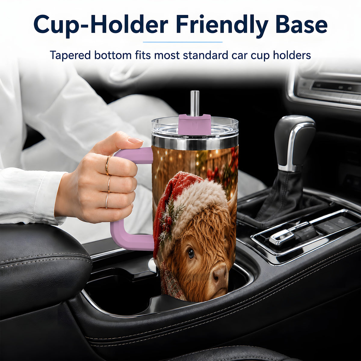 #pl[40oz|Pink] Christmas Highland Cow 40oz Tumbler, Santa Hat and Scarf Holiday Art