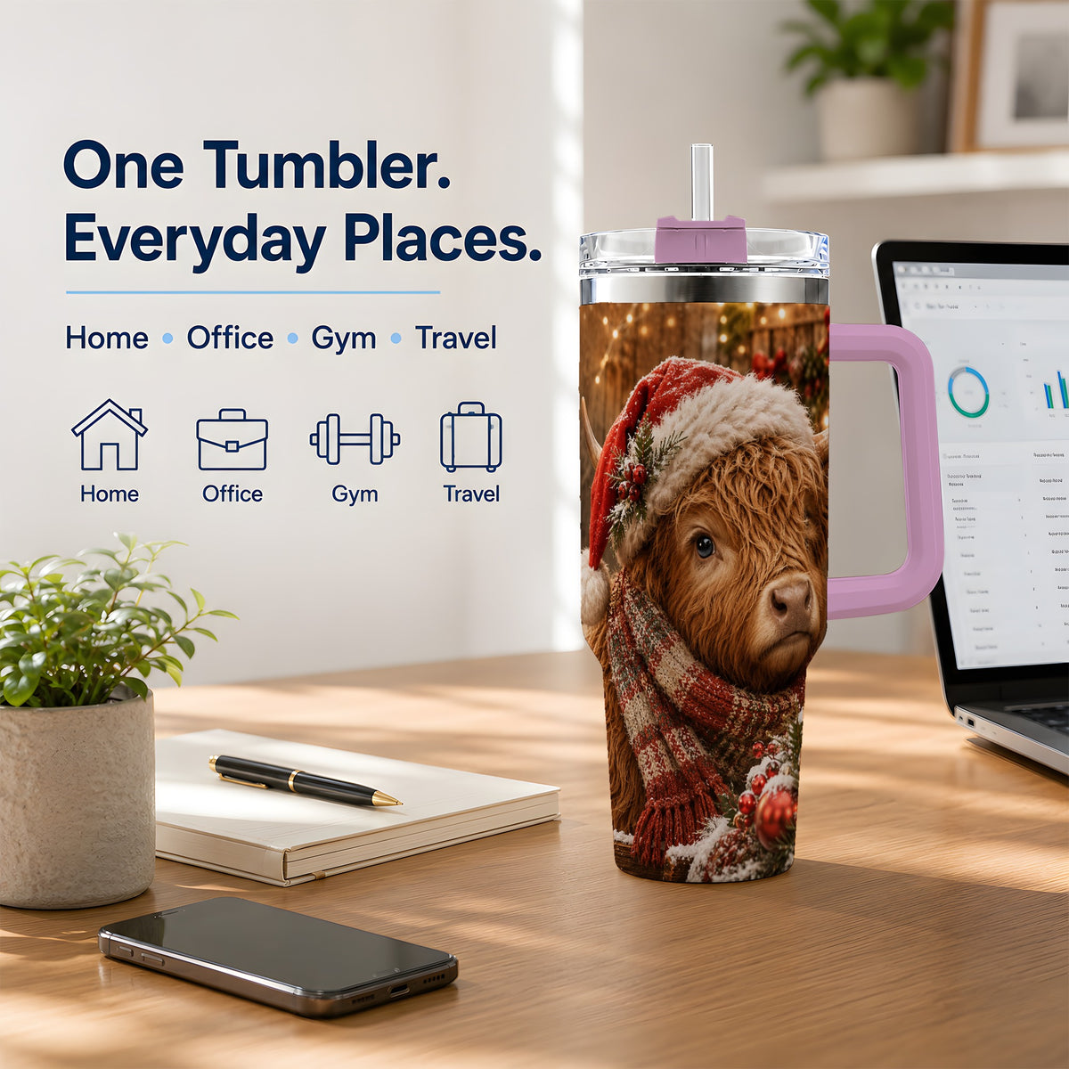 #pl[40oz|Pink] Christmas Highland Cow 40oz Tumbler, Santa Hat and Scarf Holiday Art