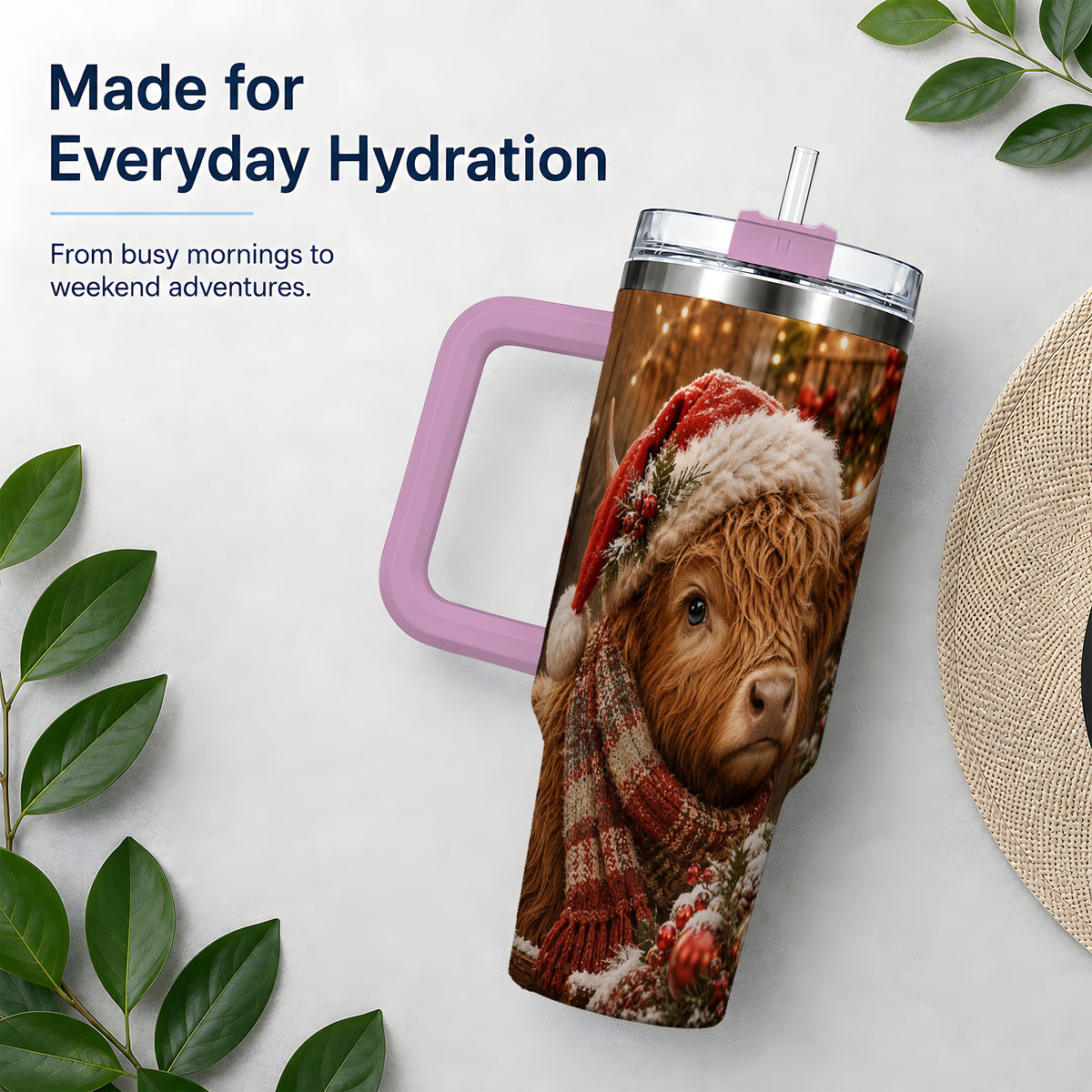 #pl[40oz|Pink] Christmas Highland Cow 40oz Tumbler, Santa Hat and Scarf Holiday Art