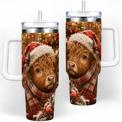 Christmas Highland Cow 40oz Tumbler, Santa Hat and Scarf Holiday Art