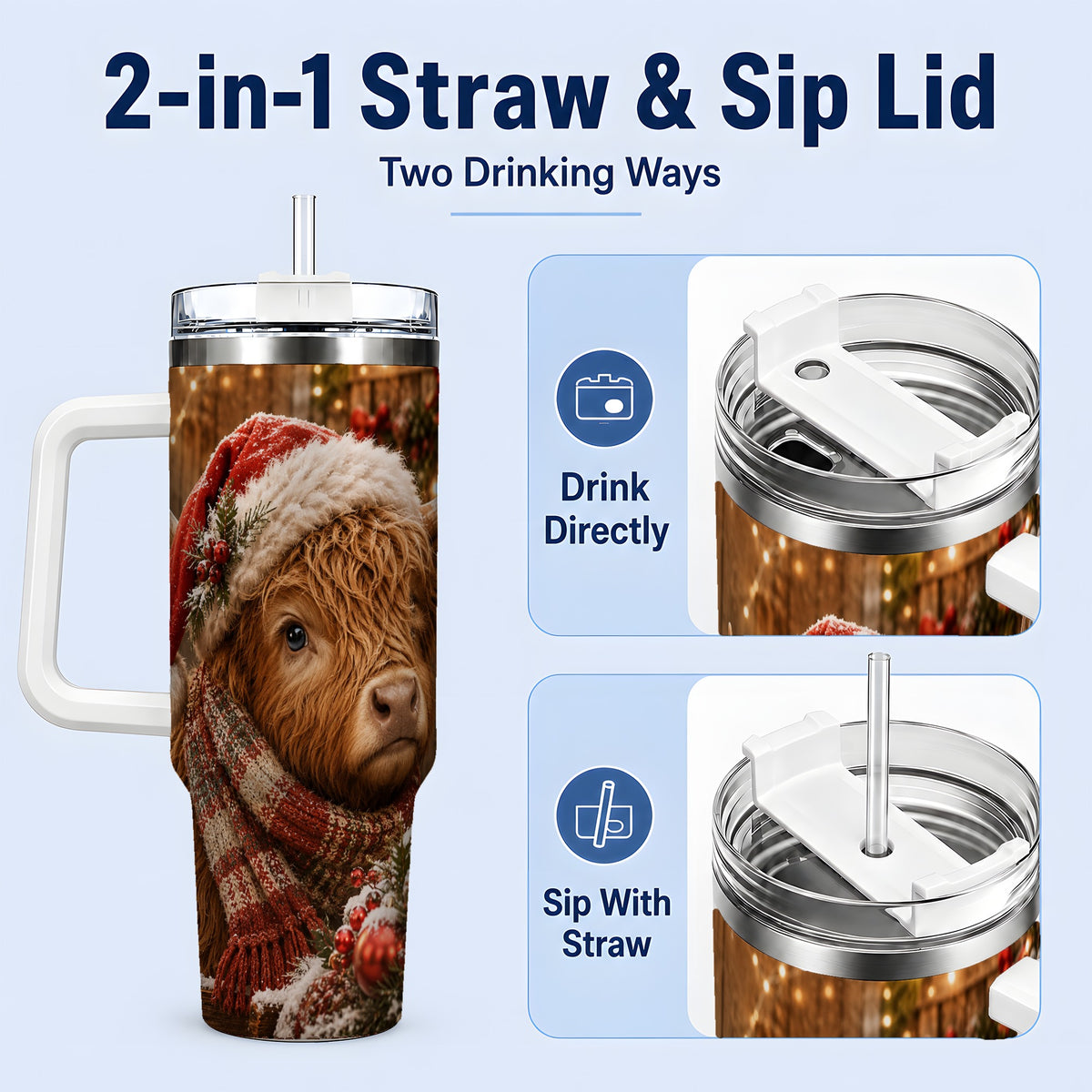 #pl[40oz|White] Christmas Highland Cow 40oz Tumbler, Santa Hat and Scarf Holiday Art