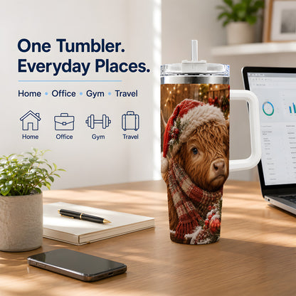 #pl[40oz|White] Christmas Highland Cow 40oz Tumbler, Santa Hat and Scarf Holiday Art