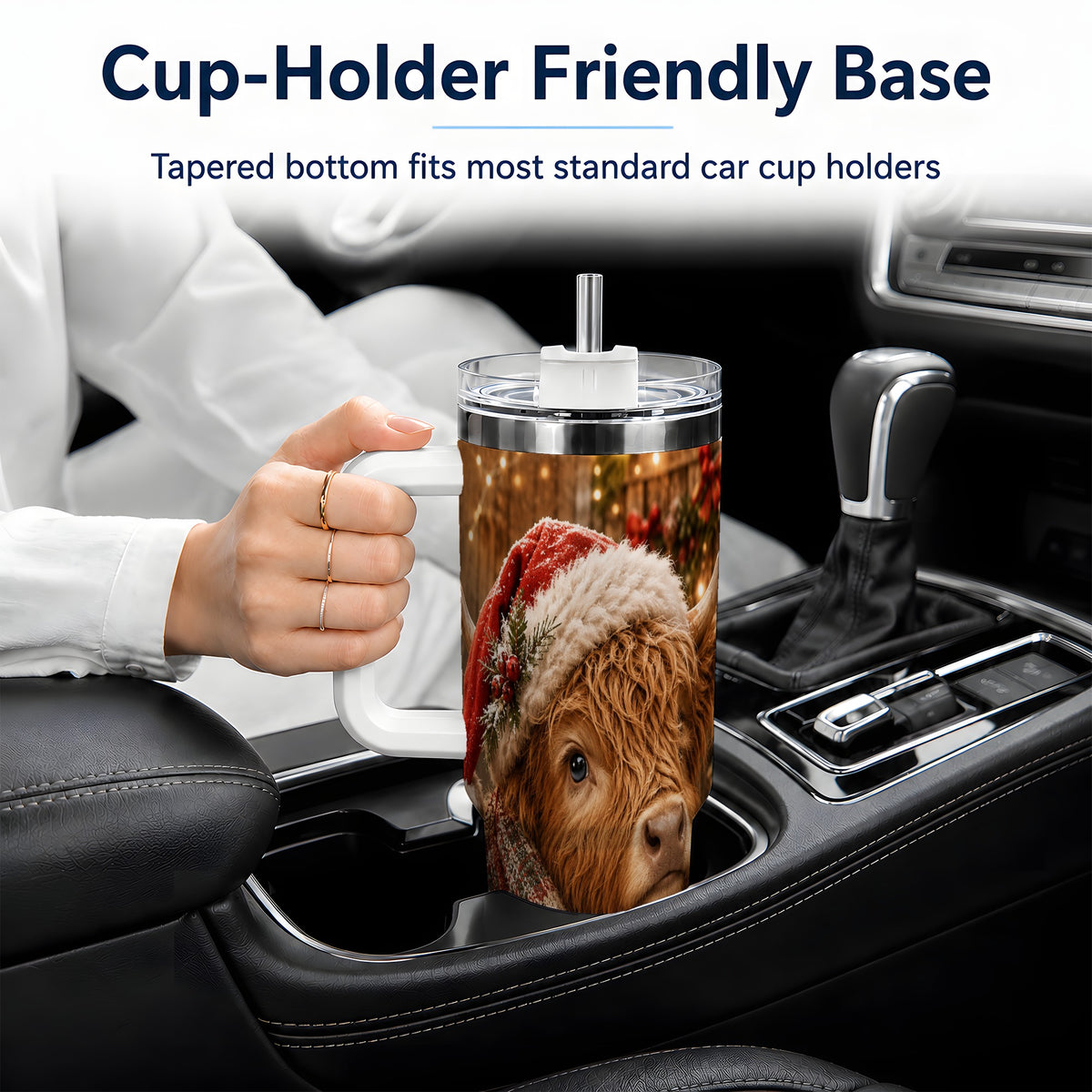 #pl[40oz|White] Christmas Highland Cow 40oz Tumbler, Santa Hat and Scarf Holiday Art