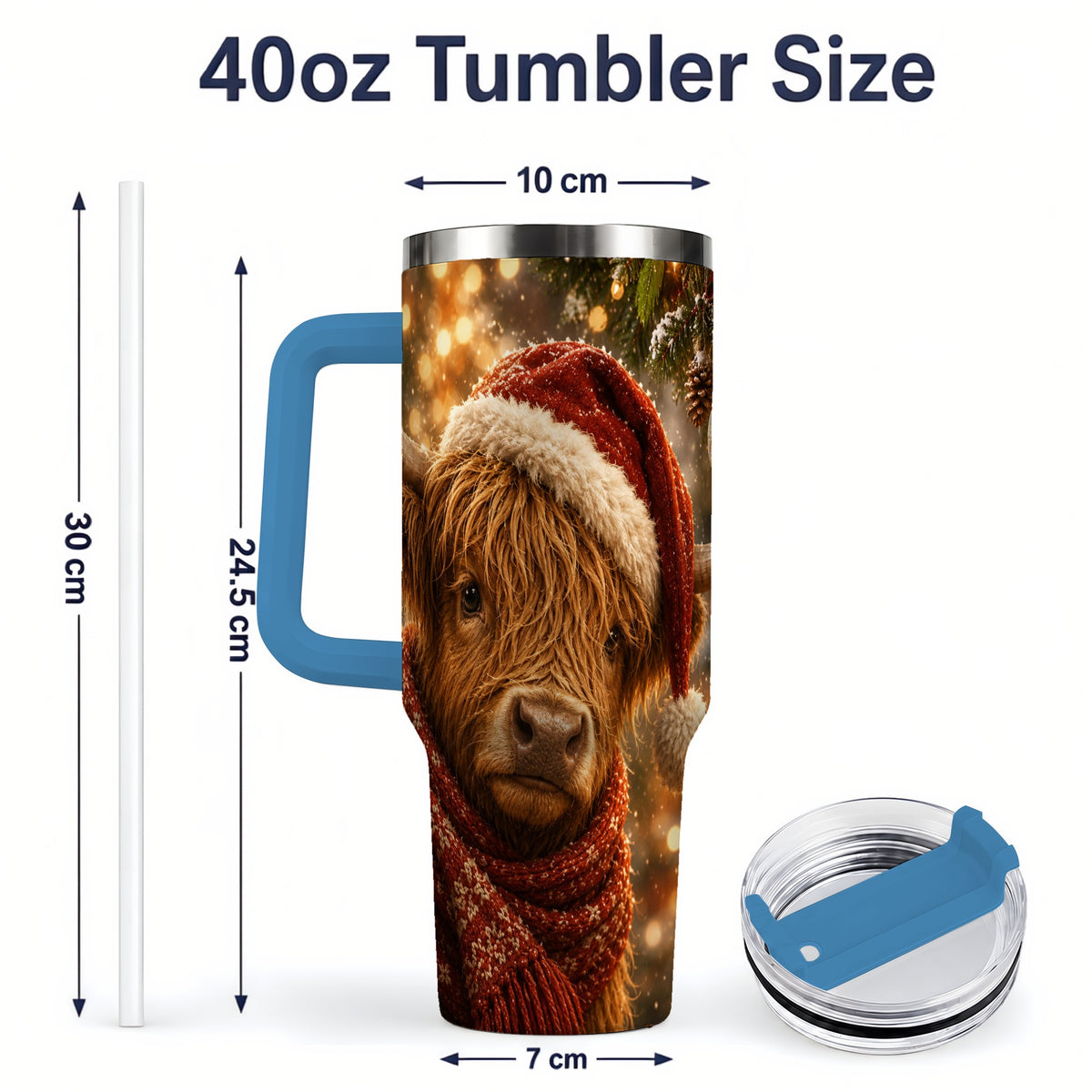#pl[40oz|Blue] Christmas Highland Cow 40oz Tumbler, Tree Ornament Holiday Artwork