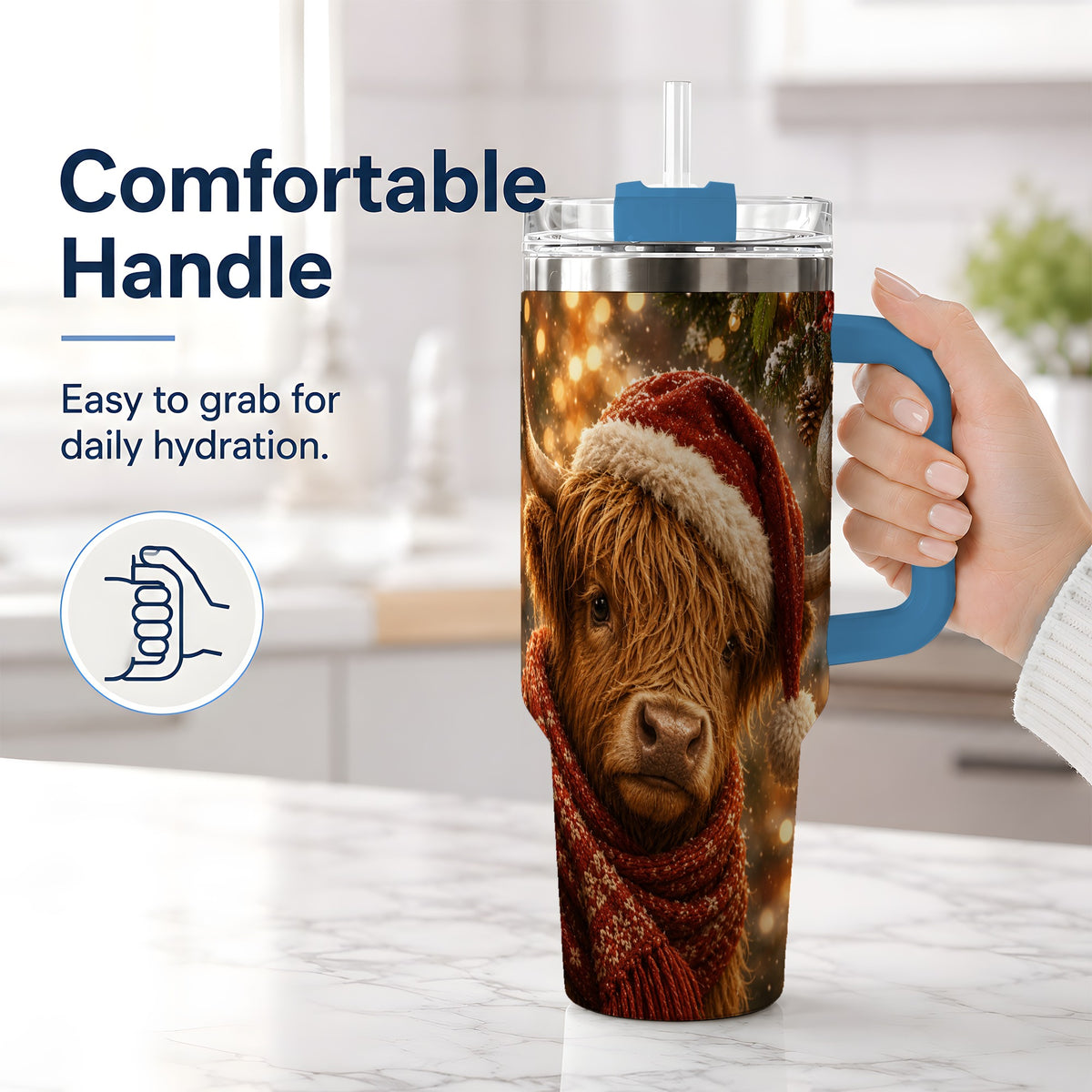 #pl[40oz|Blue] Christmas Highland Cow 40oz Tumbler, Tree Ornament Holiday Artwork
