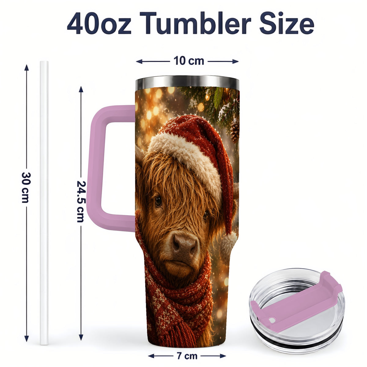 #pl[40oz|Pink] Christmas Highland Cow 40oz Tumbler, Tree Ornament Holiday Artwork