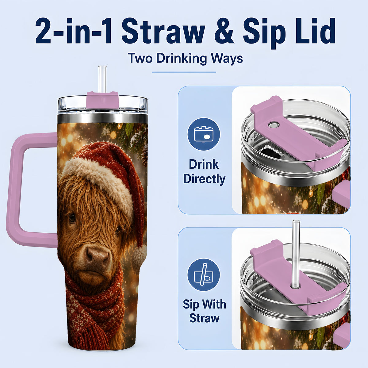 #pl[40oz|Pink] Christmas Highland Cow 40oz Tumbler, Tree Ornament Holiday Artwork