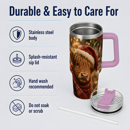 #pl[40oz|Pink] Christmas Highland Cow 40oz Tumbler, Tree Ornament Holiday Artwork
